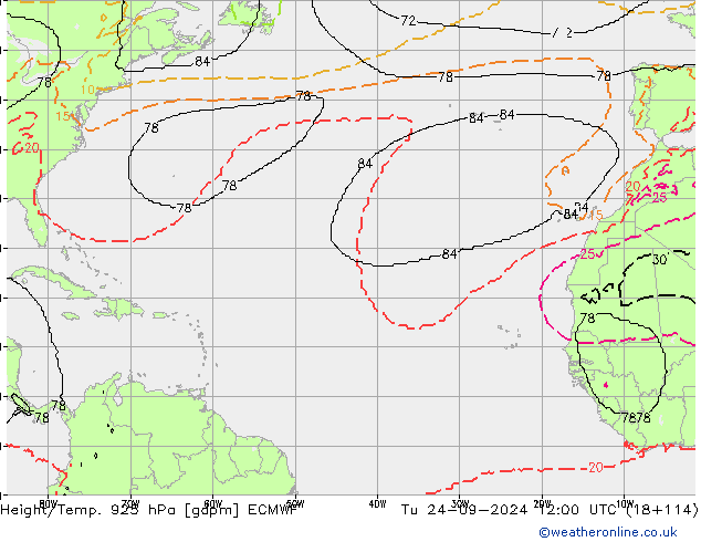 Height/Temp. 925 hPa ECMWF  24.09.2024 12 UTC