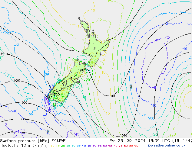 Isotachen (km/h) ECMWF Mi 25.09.2024 18 UTC