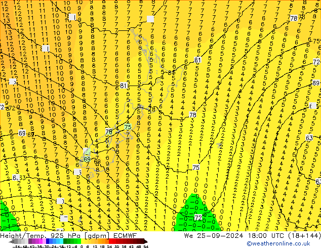 Height/Temp. 925 hPa ECMWF Qua 25.09.2024 18 UTC