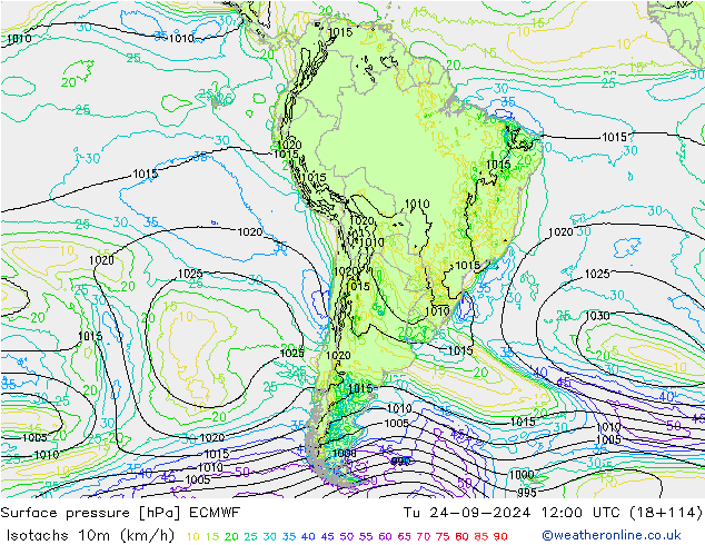 Isotachs (kph) ECMWF Tu 24.09.2024 12 UTC