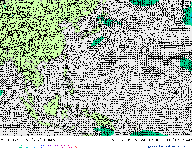 Vento 925 hPa ECMWF Qua 25.09.2024 18 UTC