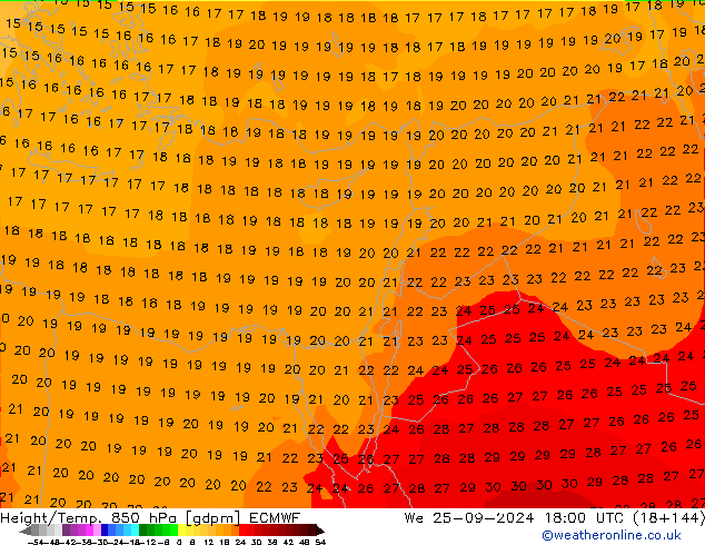 Géop./Temp. 850 hPa ECMWF mer 25.09.2024 18 UTC