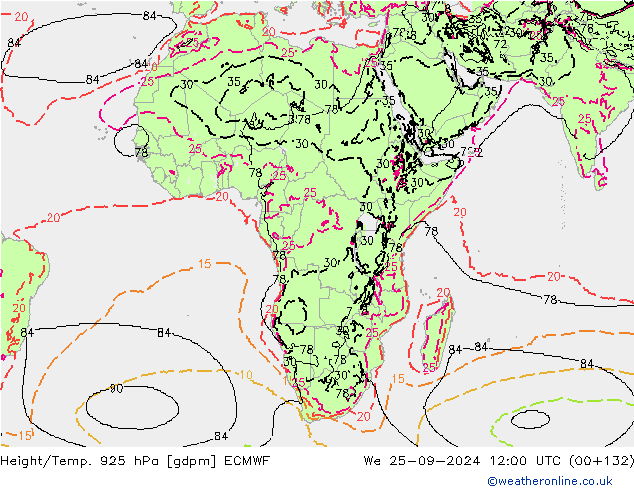 Height/Temp. 925 hPa ECMWF We 25.09.2024 12 UTC