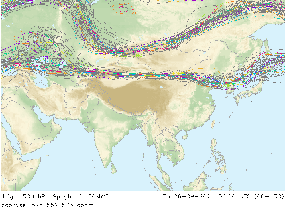 Height 500 hPa Spaghetti ECMWF Th 26.09.2024 06 UTC