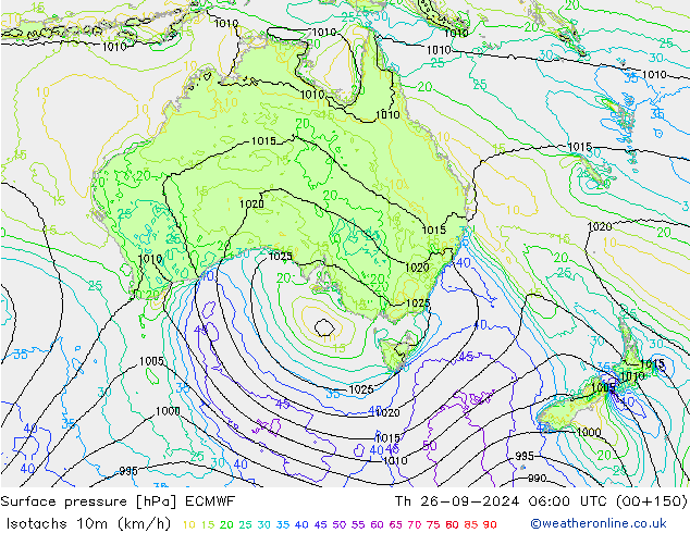 Izotacha (km/godz) ECMWF czw. 26.09.2024 06 UTC