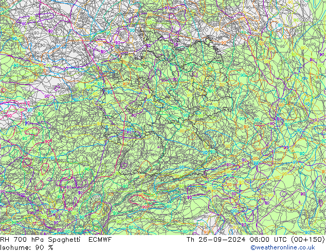 RH 700 hPa Spaghetti ECMWF Čt 26.09.2024 06 UTC