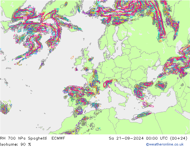 RH 700 hPa Spaghetti ECMWF So 21.09.2024 00 UTC