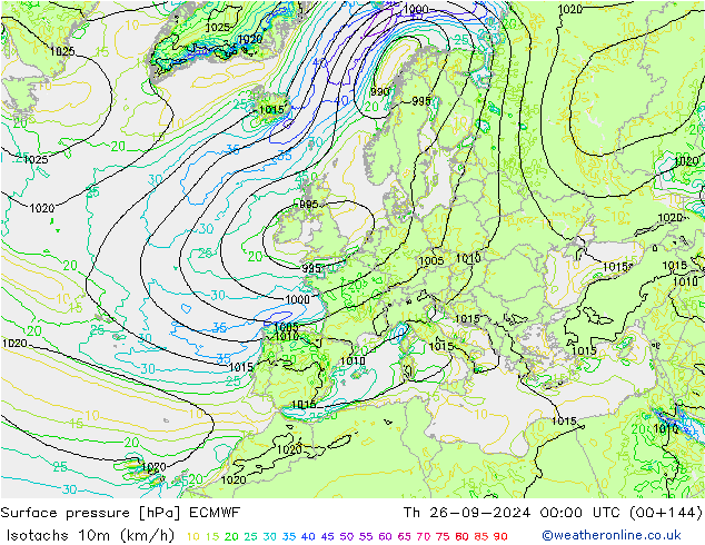 Isotachs (kph) ECMWF gio 26.09.2024 00 UTC