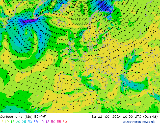 ветер 10 m ECMWF Вс 22.09.2024 00 UTC