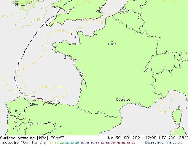 Isotachs (kph) ECMWF Po 30.09.2024 12 UTC