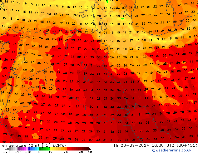 Temperatura (2m) ECMWF Qui 26.09.2024 06 UTC