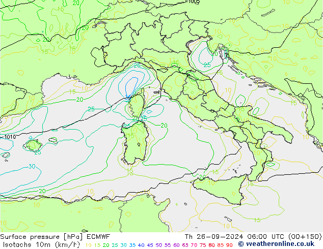 Isotachs (kph) ECMWF gio 26.09.2024 06 UTC