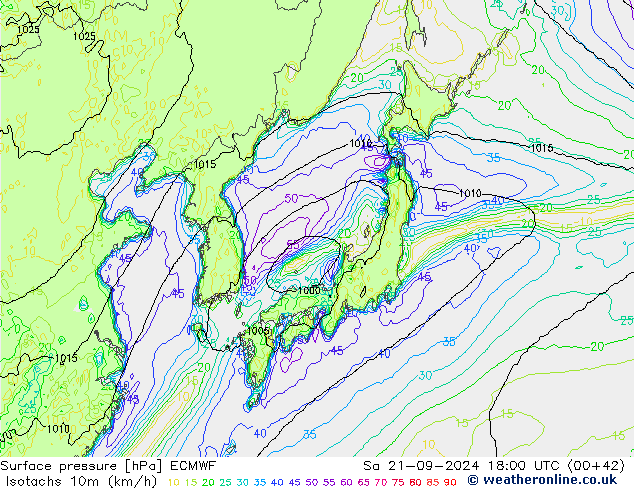 Isotachs (kph) ECMWF So 21.09.2024 18 UTC