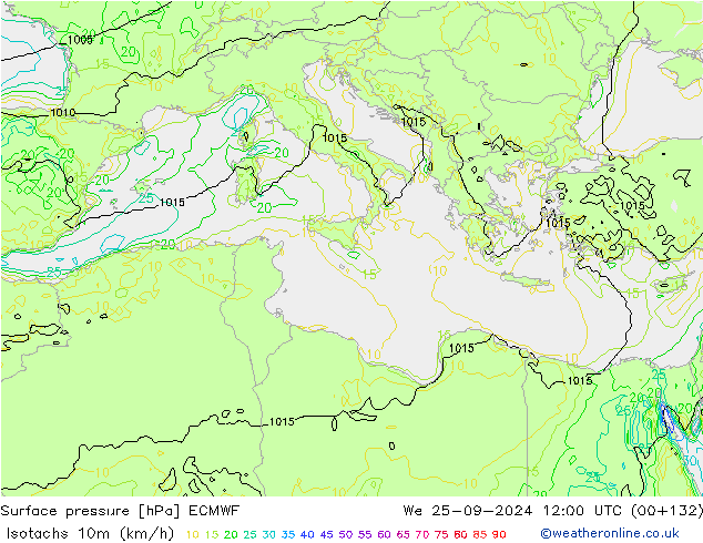 Isotachs (kph) ECMWF ср 25.09.2024 12 UTC