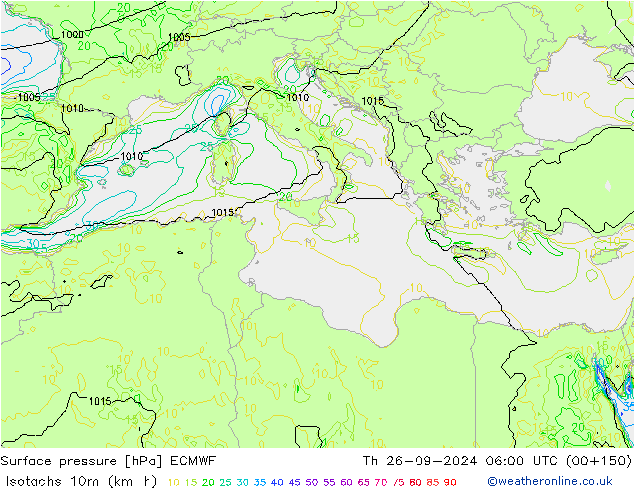 Isotaca (kph) ECMWF jue 26.09.2024 06 UTC