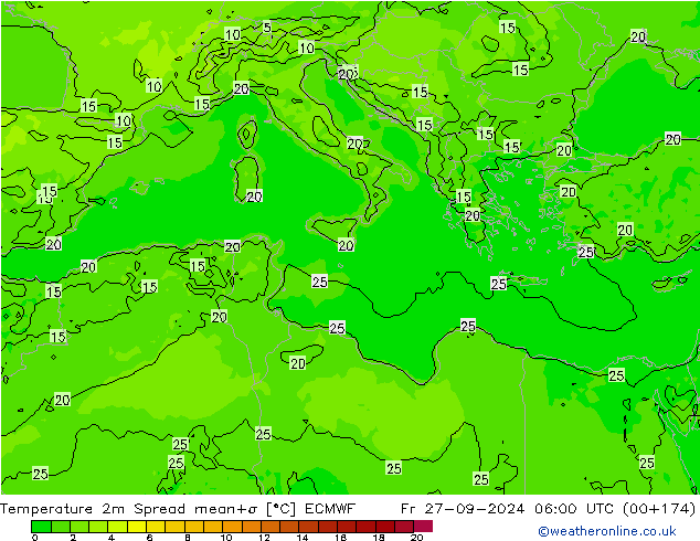 Temperatuurkaart Spread ECMWF vr 27.09.2024 06 UTC