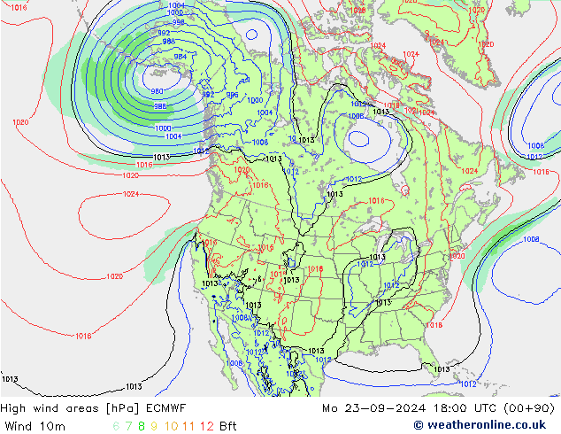 High wind areas ECMWF пн 23.09.2024 18 UTC