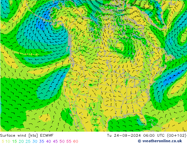 Surface wind ECMWF Út 24.09.2024 06 UTC