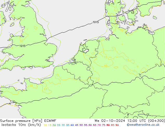 Isotachs (kph) ECMWF Qua 02.10.2024 12 UTC