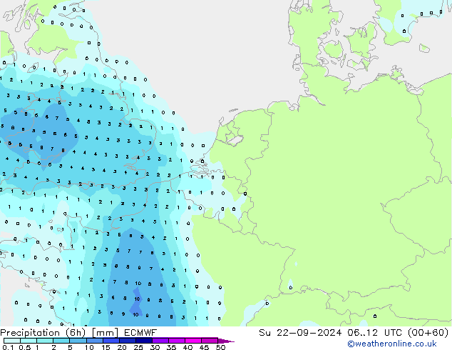 Precipitation (6h) ECMWF Su 22.09.2024 12 UTC