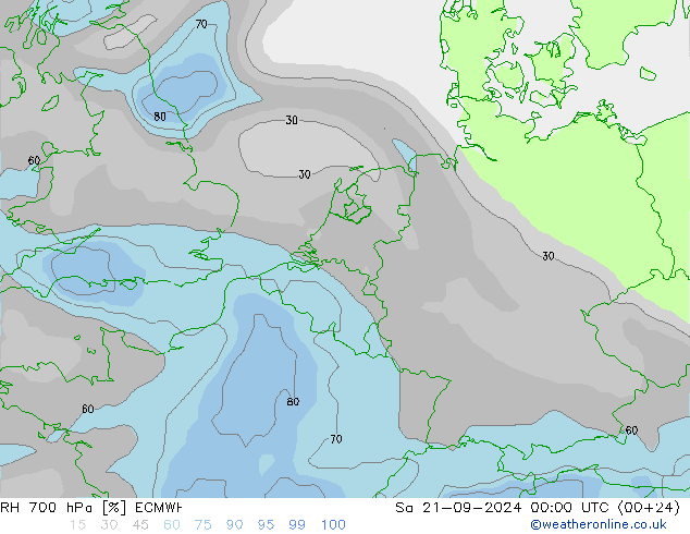 RH 700 hPa ECMWF 星期六 21.09.2024 00 UTC