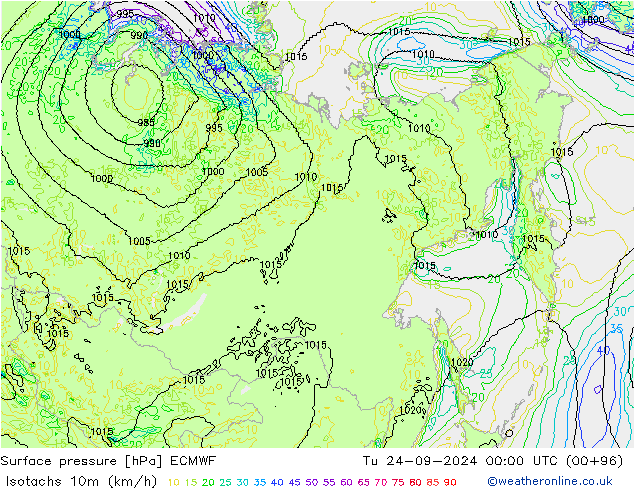 Isotachs (kph) ECMWF вт 24.09.2024 00 UTC