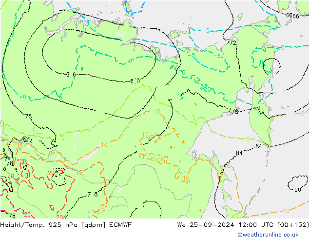 Height/Temp. 925 hPa ECMWF We 25.09.2024 12 UTC