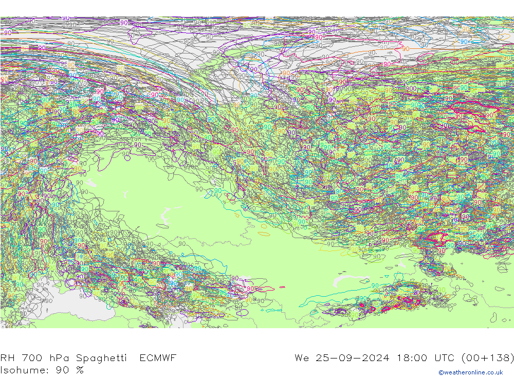 RH 700 hPa Spaghetti ECMWF St 25.09.2024 18 UTC