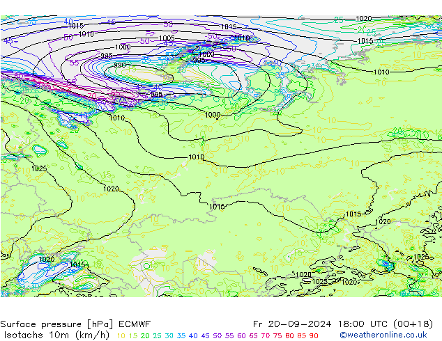 Isotachs (kph) ECMWF Pá 20.09.2024 18 UTC