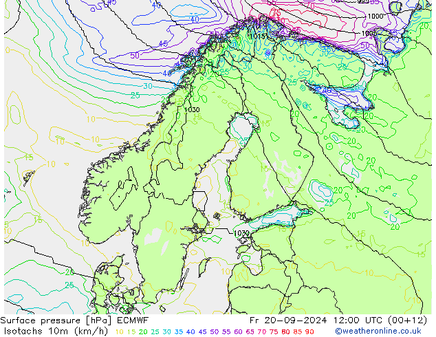 Isotachen (km/h) ECMWF Fr 20.09.2024 12 UTC