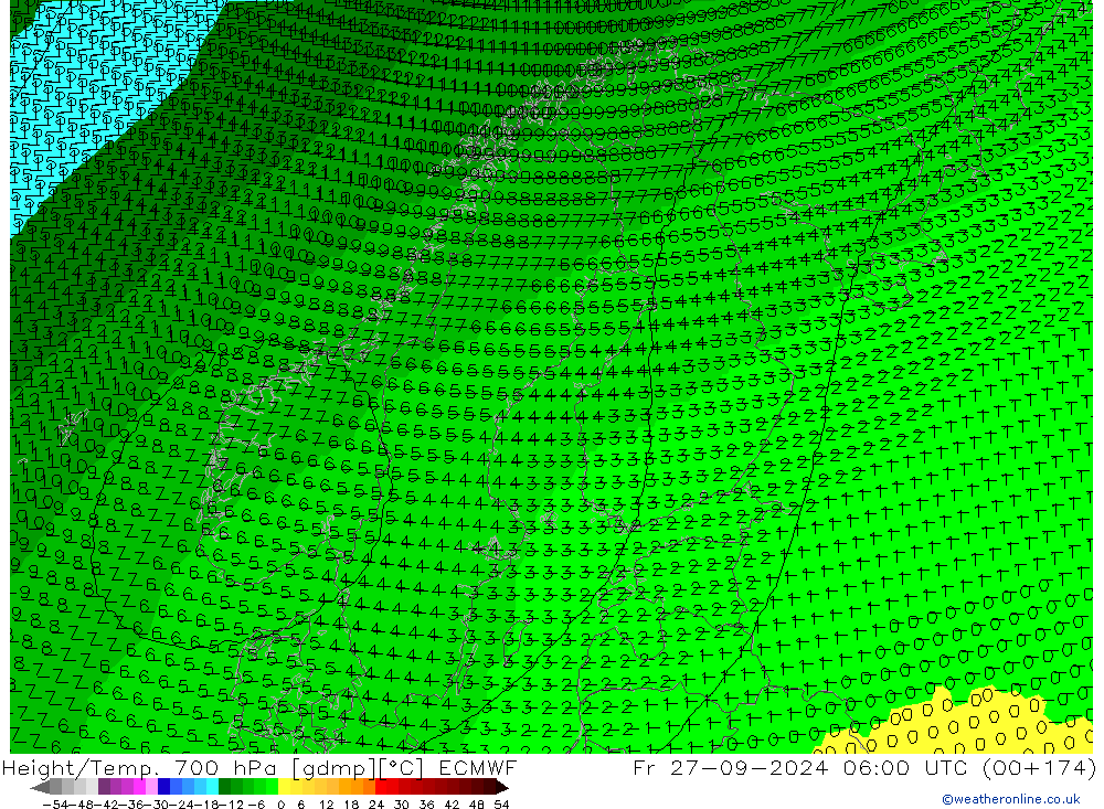 Height/Temp. 700 hPa ECMWF Fr 27.09.2024 06 UTC