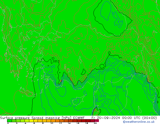 Luchtdruk op zeeniveau Spread ECMWF vr 20.09.2024 00 UTC