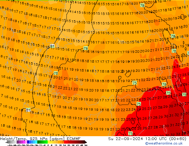 Géop./Temp. 925 hPa ECMWF dim 22.09.2024 12 UTC