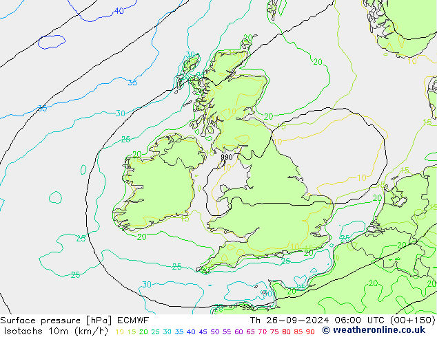 Isotachs (kph) ECMWF Th 26.09.2024 06 UTC