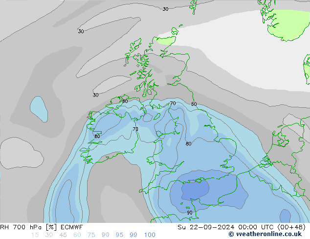 RH 700 hPa ECMWF Su 22.09.2024 00 UTC