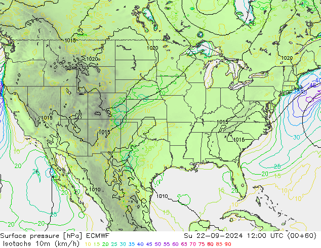 Isotachs (kph) ECMWF Su 22.09.2024 12 UTC