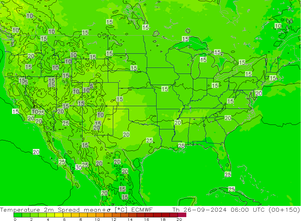 Temperatura 2m Spread ECMWF Qui 26.09.2024 06 UTC