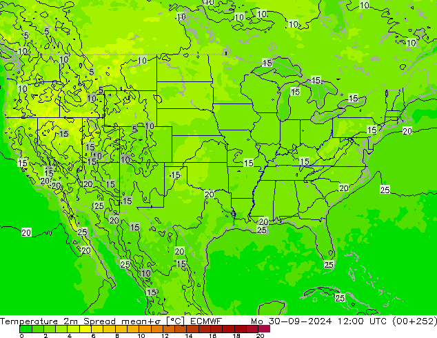 température 2m Spread ECMWF lun 30.09.2024 12 UTC