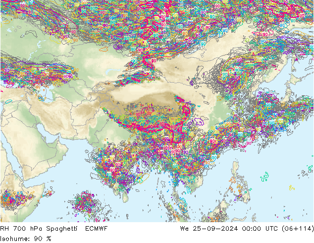 RH 700 hPa Spaghetti ECMWF We 25.09.2024 00 UTC