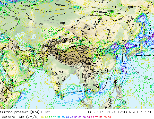 Isotachs (kph) ECMWF Sex 20.09.2024 12 UTC