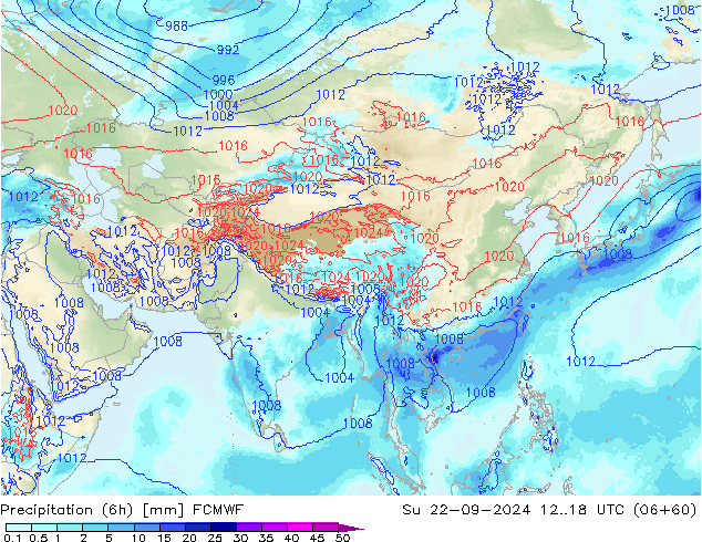 Precipitation (6h) ECMWF Su 22.09.2024 18 UTC