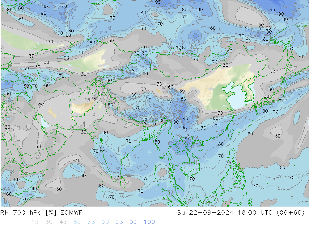 RH 700 hPa ECMWF Su 22.09.2024 18 UTC