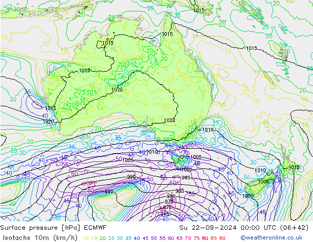 Isotachs (kph) ECMWF dim 22.09.2024 00 UTC