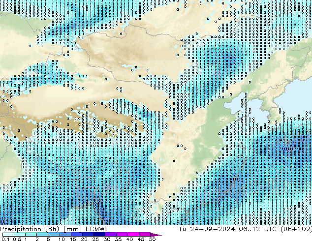 Precipitation (6h) ECMWF Tu 24.09.2024 12 UTC