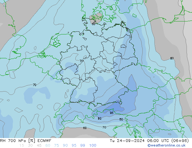 RH 700 гПа ECMWF вт 24.09.2024 06 UTC