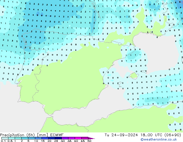 Precipitation (6h) ECMWF Út 24.09.2024 00 UTC