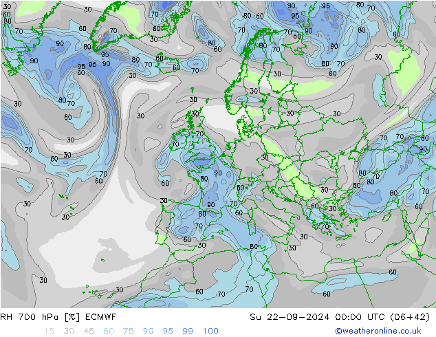 RH 700 hPa ECMWF Su 22.09.2024 00 UTC