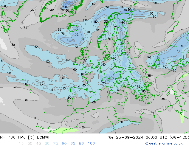 RH 700 hPa ECMWF Qua 25.09.2024 06 UTC