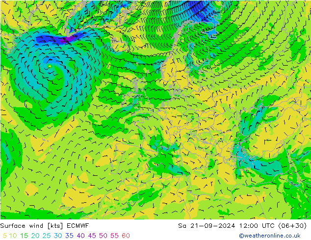 Vent 10 m ECMWF sam 21.09.2024 12 UTC