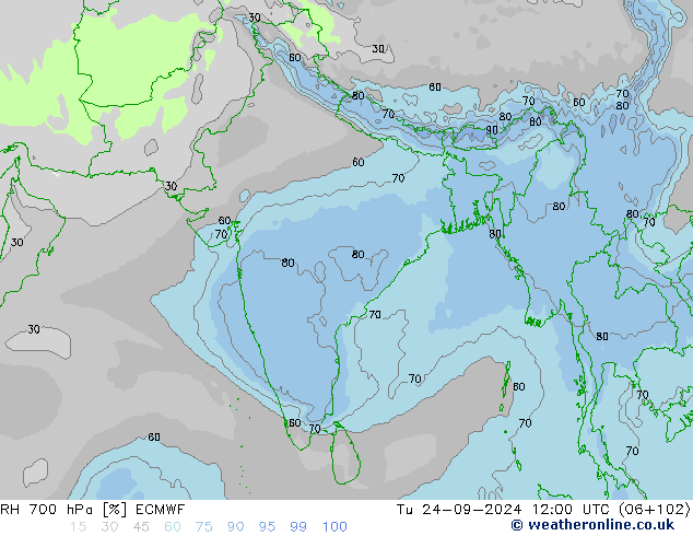 RH 700 hPa ECMWF Út 24.09.2024 12 UTC